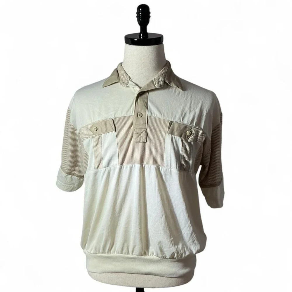 Classics by Palmland Vintage Tan‎ Cream Striped Banded Hem Preppy Polo Shirt XL